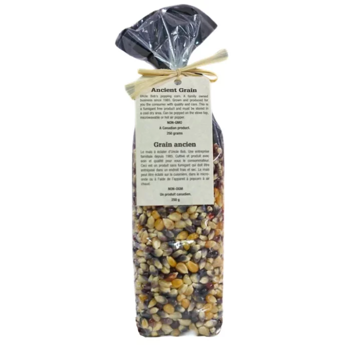 Uncle Bob’s Ancient Grain popcorn is a gourmet blend of colored popcorn kernels, offering a mix of small, crunchy and large, fluffy textures