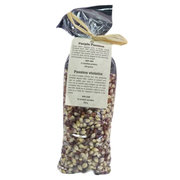 Uncle Bob's Purple Passion Popcorn has a sweet flavor, tender texture, and vibrant yellow pop. Rich in antioxidants, this popcorn is a delicious treat!