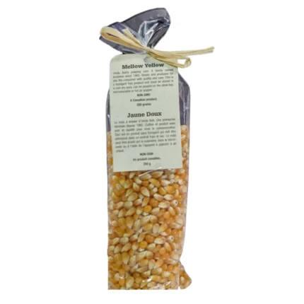 Uncle Bob's Yellow Popcorn offers a chewy, creamy texture with a fragmented hull, reducing kernel debris for a delicious and enjoyable snacking experience.