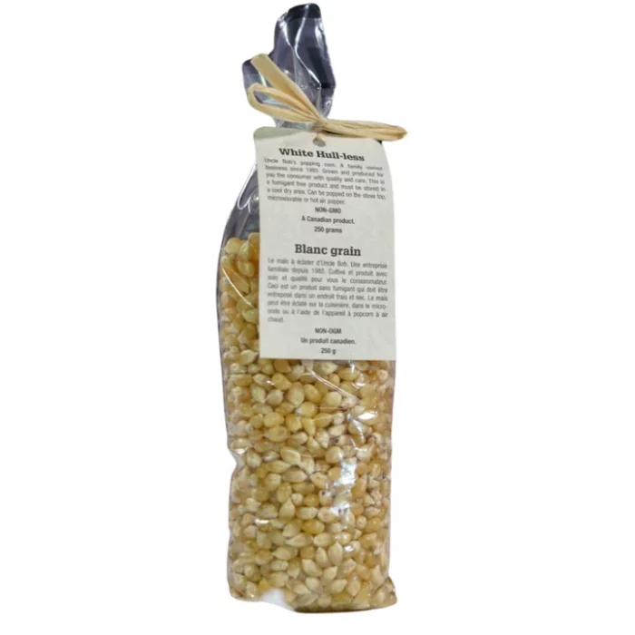 Uncle Bob's White Hull-less Popcorn pops crisp and pure white with a delicious flavor. Its hull-less kernels won’t get stuck in your teeth—perfect for all!