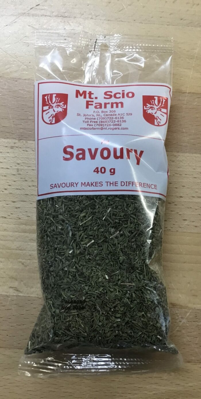 Mt. Scio Summer Savoury, grown in Newfoundland, is a beloved Atlantic Canadian herb, perfect for stuffing, fish cakes, poultry, soups, and stews.