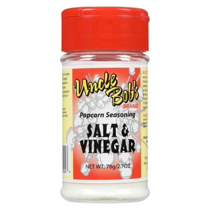 Uncle Bob's Salt & Vinegar Seasoning adds a bold, tangy kick to popcorn, creating a zesty and mouth-watering snack perfect for any occasion!