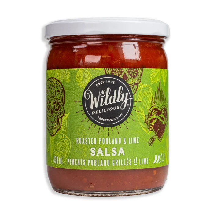 Wildly Delicious Fire Roasted Poblano & Lime Salsa with fire-roasted poblano peppers and zesty lime is perfect for dipping, topping, or spicing up any meal.