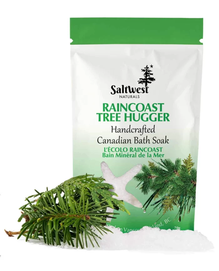 Raincoast Tree Hugger Mineral Sea Soak, featuring mineral-rich sea salt, Epsom salt, and the grounding scents of fir needle and cedar leaf.