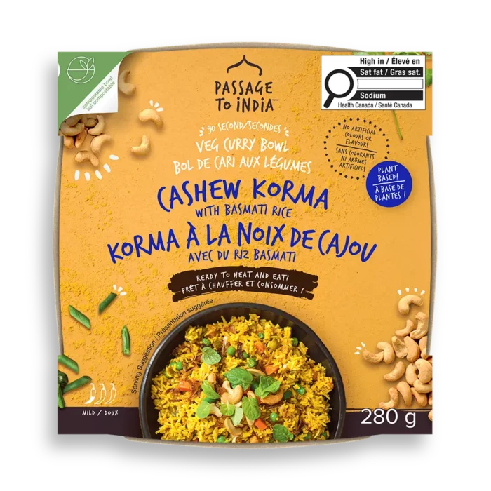 Passage Cashew Korma Veg Curry Bowl features authentic Indian flavours with peas, carrots, and a rich cashew-based sauce. Simply heat and eat!