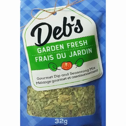 Deb's Garden Fresh dip mix, a vibrant medley of garden vegetables with fresh, savoury notes of onion, tomato, spinach, and garlic.