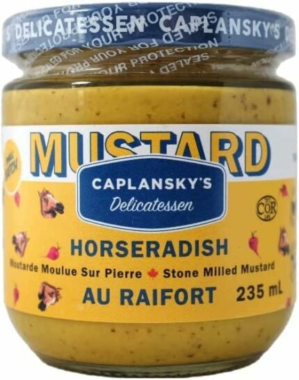 Bold and zesty with a fresh horseradish kick, Caplansky’s Horseradish Mustard is perfect for meats, sandwiches, and marinades.