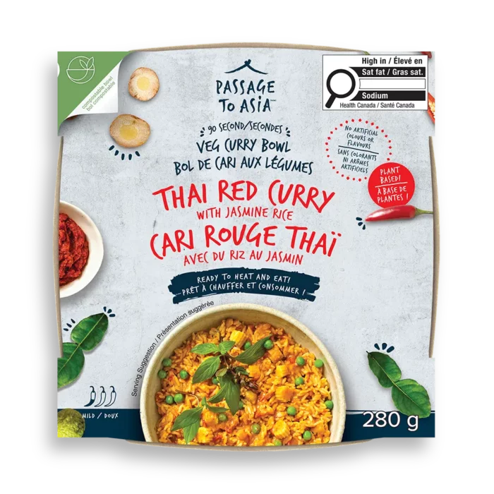 Passage Thai Red Veg Curry Bowl features a classic blend of chili and spices over jasmine rice. A spicy-satisfying meal that’s big on flavour, not on prep.
