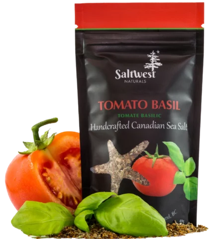 A savoury blend of fragrant basil and ripe tomato infused into handcrafted Canadian sea salt. Perfect for pasta, flatbreads, bruschetta, and more.