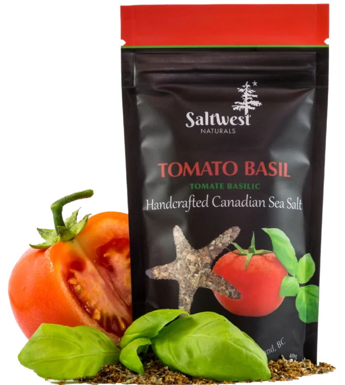 A savoury blend of fragrant basil and ripe tomato infused into handcrafted Canadian sea salt. Perfect for pasta, flatbreads, bruschetta, and more.