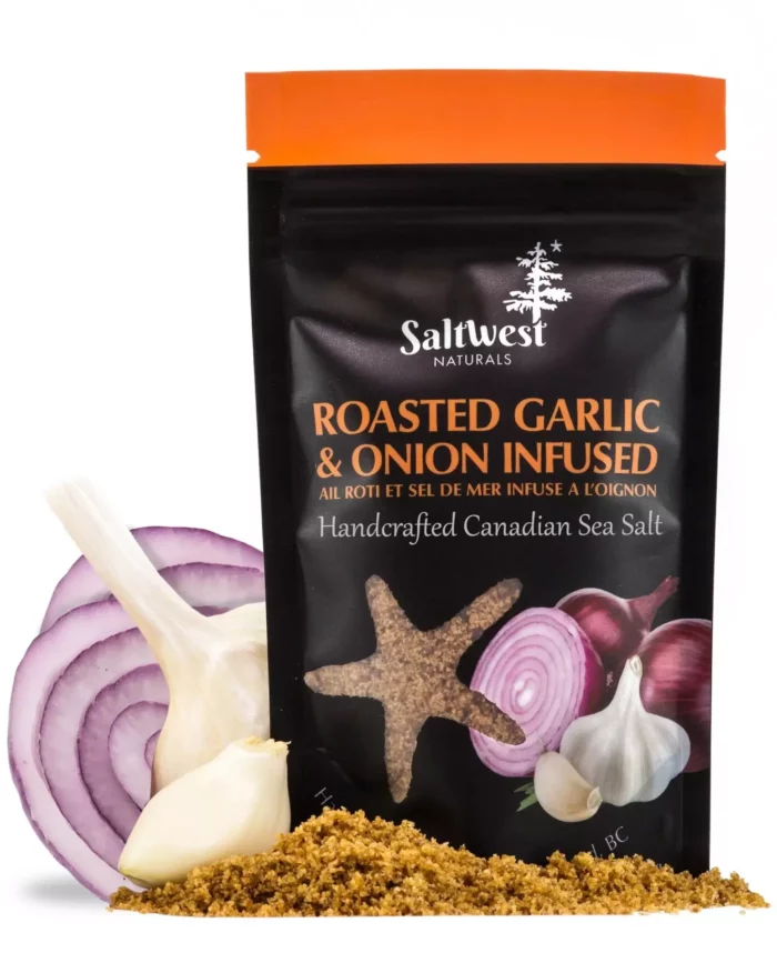Our best-selling infused salt! Roasted Garlic & Onion Sea Salt delivers deep, sweet, caramelized flavour that enhances everything from meats to veggies.