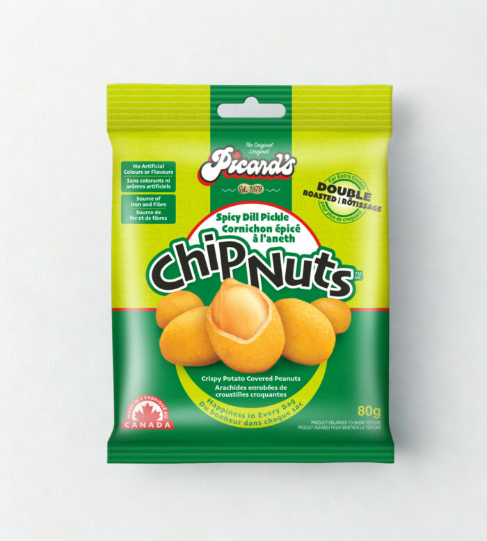 Spicy Dill Chip Nuts combine bold dill pickle tang with a spicy kick, wrapped around a crunchy peanut in a crispy chip coating — not your average snack.