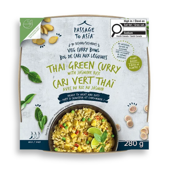 A fragrant and mild Thai Green Veg Curry Bowl featuring coriander, lemongrass, and jasmine rice — ready to enjoy in just 90 seconds.