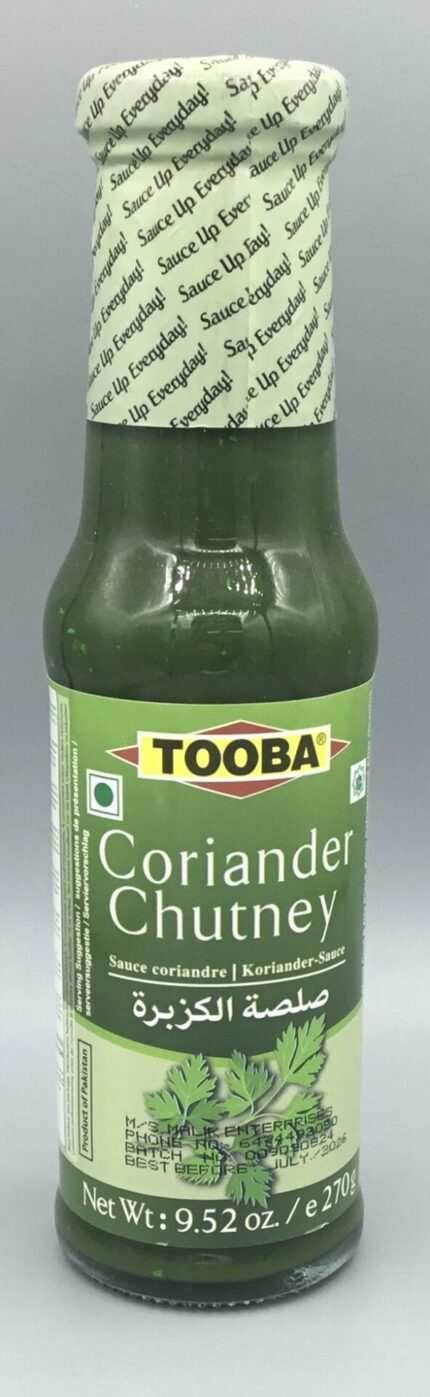 Tooba Coriander Chutney delivers fresh herb flavour with a tangy finish for dips, spreads, marinades, and everyday cooking.
