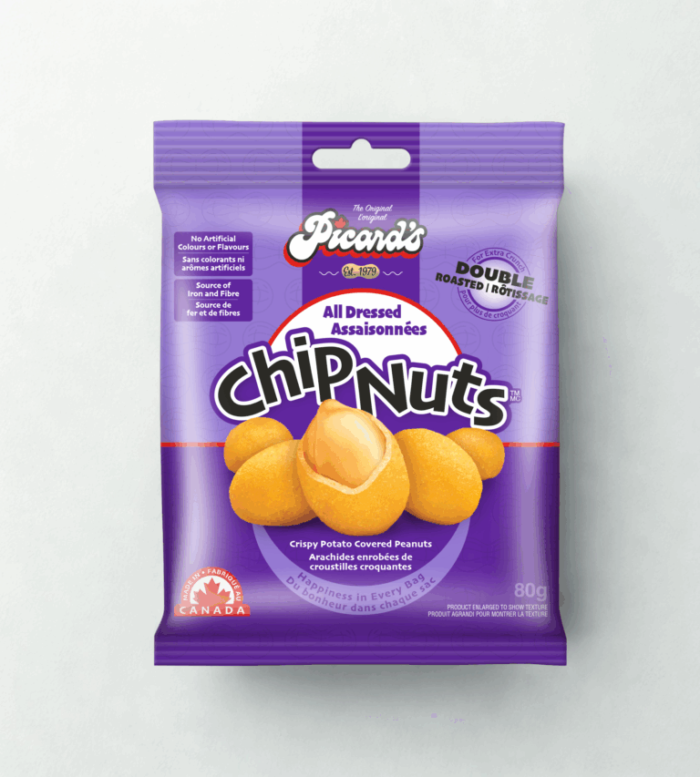 All dressed chip nuts are crispy coated peanuts blasted with sweet, salty, tangy, and smoky flavours—your favourite chip combo, now in snackable form.