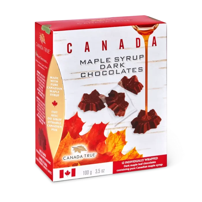 Canada True Maple Dark Chocolates are a delicious blend of dark chocolate and sweet maple syrup. Perfect for a sweet treat on the go.