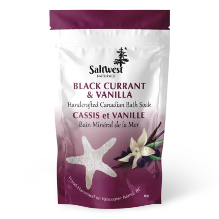 Saltwest Black Currant & Vanilla Bath Soak blends Canadian sea salt, Epsom salts, and aromatic oils to relax the body, soften skin, and restore balance.