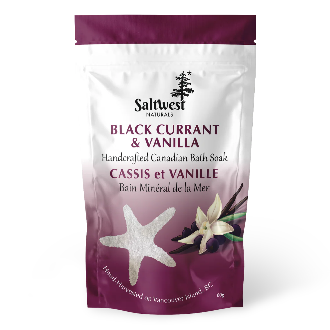 bc and v Saltwest Black Currant & Vanilla Bath Soak blends Canadian sea salt, Epsom salts, and aromatic oils to relax the body, soften skin, and restore balance.