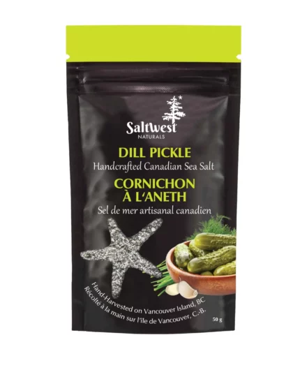 Saltwest Dill Pickle Sea Salt blends Canadian sea salt with dill, garlic, and vinegar for a tangy seasoning for snacks, potatoes, fish, and popcorn.