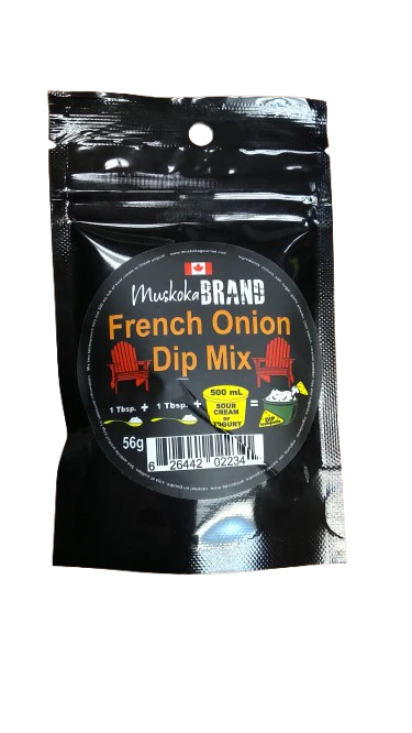 Muskoka French Onion Dip Mix creates a rich, savoury dip perfect for chips, veggies, potatoes, sandwiches, and classic comfort food favourites.