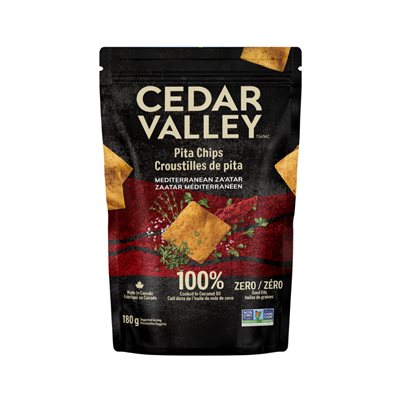 Cedar Valley Mediterranean Za’atar Pita Chips are crisp and savoury with herbs and sesame, perfect for hummus, meze boards, soups, and snacking