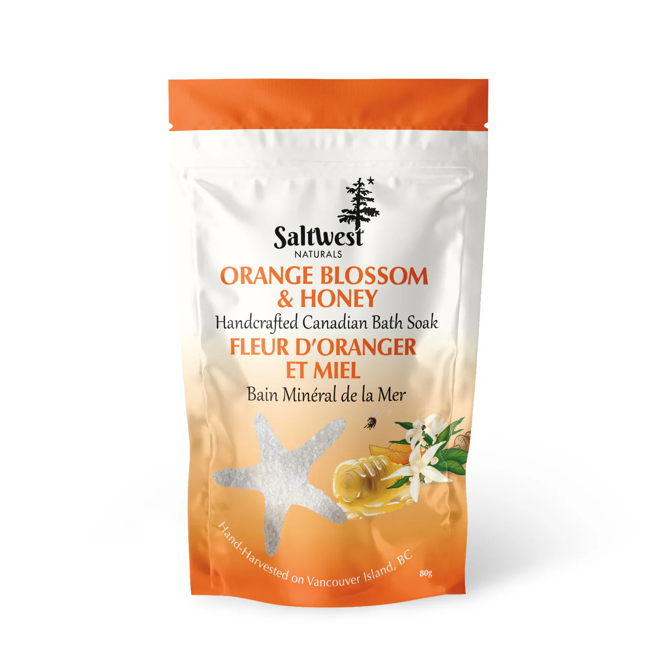 orange and honey Saltwest Orange Blossom & Honey Bath Soak blends Canadian sea salt, Epsom salts, and essential oils to relax muscles, soften skin, and restore balance.