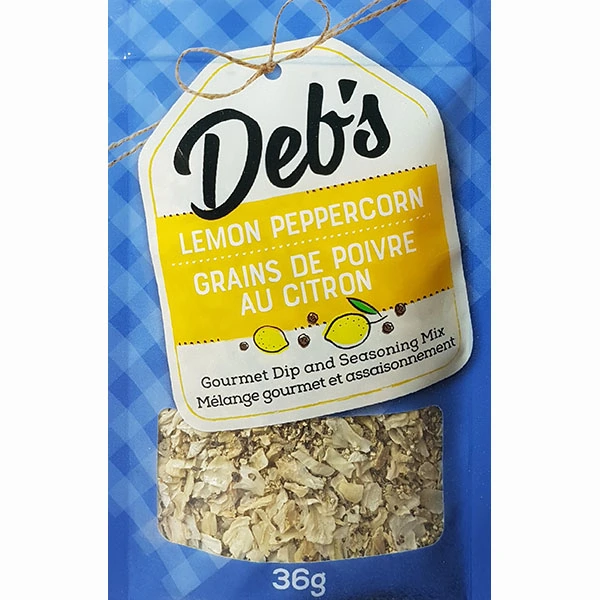Lemon-Pepercorn Deb's Lemon Peppercorn Dip Mix combines bright citrus flavour with cracked peppercorn heat for a fresh, creamy dip perfect for seafood, veggies, and snacks.