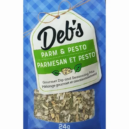Deb's Parm & Pesto Dip Mix blends savoury parmesan with basil and garlic for a creamy Italian-style dip, spread, or sauce perfect for snacks and meals.