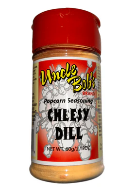Uncle Bob's Cheesy Dill Popcorn Seasoning blends tangy dill pickle flavour with savoury cheese for a bold, fair-style popcorn experience.