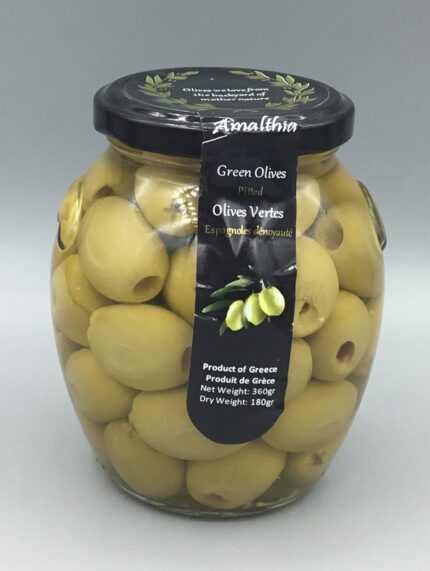 Amalthia Green Olives are briny, pitted Greek olives perfect for salads, charcuterie boards, Mediterranean dishes, and everyday snacking.