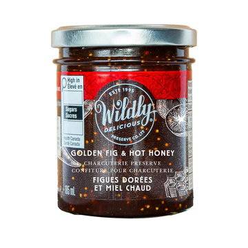 Wildly Delicious Golden Fig & Hot Honey Preserve blends sweet figs with a spicy kick. Excellent for cheese boards, glazes, appetizers, and gourmet cooking.