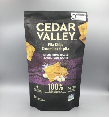 Cedar Valley Everything Bagel Pita Chips are crispy, plant-based snacks cooked in coconut oil with bold garlic, onion, and poppy seed flavour.