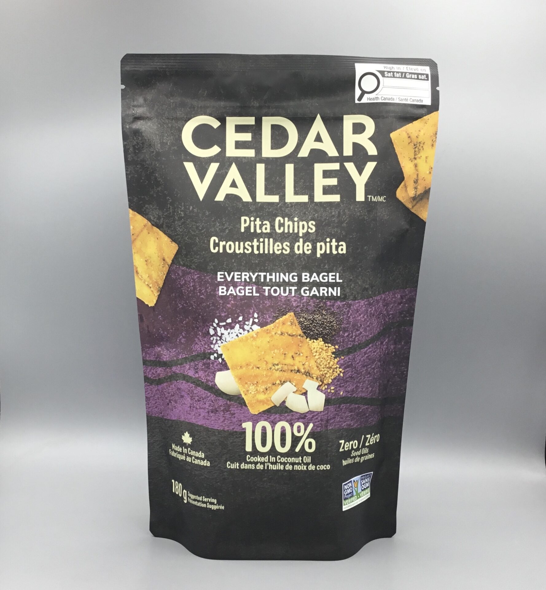 CV Everything Cedar Valley Everything Bagel Pita Chips are crispy, plant-based snacks cooked in coconut oil with bold garlic, onion, and poppy seed flavour.