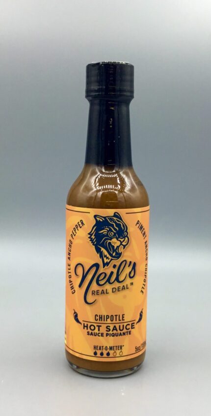 Neil's Real Deal Chipotle Hot Sauce delivers smoky heat and bold flavour for tacos, burgers, chicken, wings, eggs, BBQ, and everyday meals.